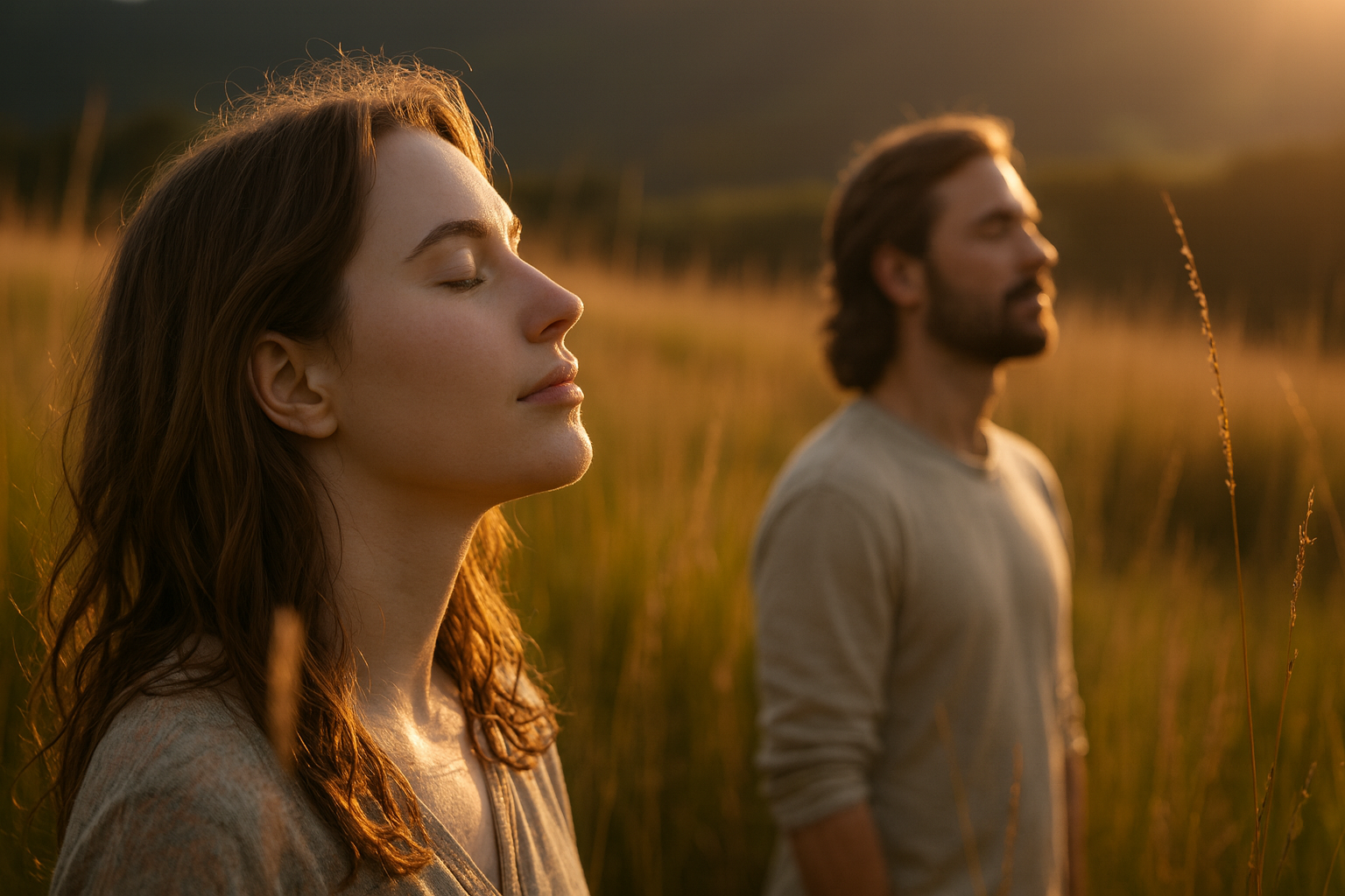 Couple méditant côte à côte les yeux fermés au soleil couchant dans un champ d’herbes sauvages